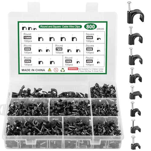 800 Stück Kabelschellen Nagelschellen, Runde/Quadrat Kabel Clips, Kabelschellen Schwarz, Kabelhalter Wand Befestigungen für Netzwerkkabel, 4mm 5mm 6mm 7mm 8mm 10mm