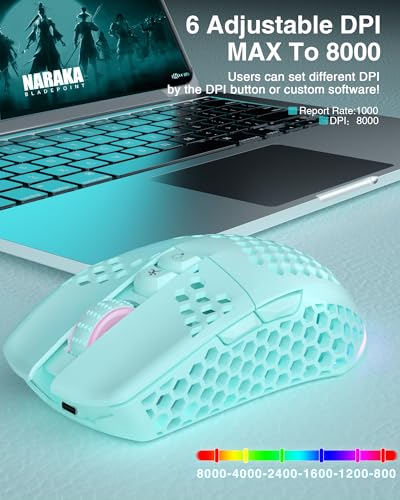 Image of SOLAKAKA SM600 Honeycomb Shell Gaming Mouse Wireless,8000 DPI Tri-Modes BT5.1 /2.4G Wireless /Type-C Wired Gamer Mouse with 2 Side Buttons, Macro Programmable and RGB Light for PC /Mac /Laptop,Green