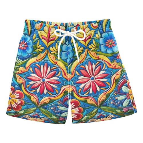 FLildon Mexican Floral Ceramic Tile Boys Swim Trunks with Mesh Lining Quick Dry Beach Board Shorts, 4T