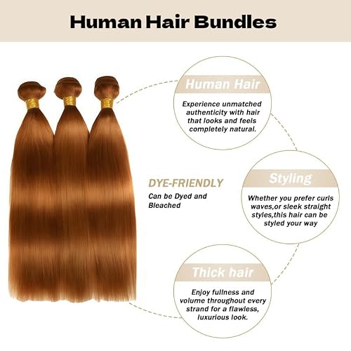 KODRHAR Light Brown Bundles Human Hair Straight 12 14 16 Inch Straight Human Hair Weave 3 Bundles Silky Hair Bundles Brazilian 3 Bundles Human Hair Extensions 30 Color — view 2