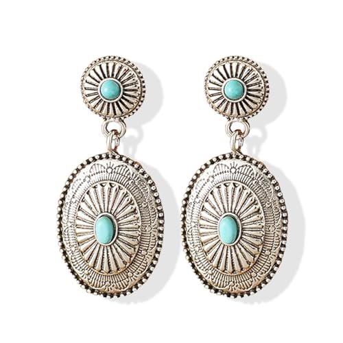 Western Earrings Outfit for Women Oval Silver Earrings Dangle Turquoise Western Jewelry Country Concert Outfits for Women Dress Cowboy Chic Rodeo Outfit Shirts Dress Accessories