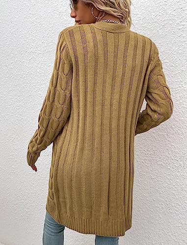 Womens Cardigan Long Sleeve Cable Knit Sweater Open Front Loose Outwear With Pocket (A-Khaki,M) #TOP3