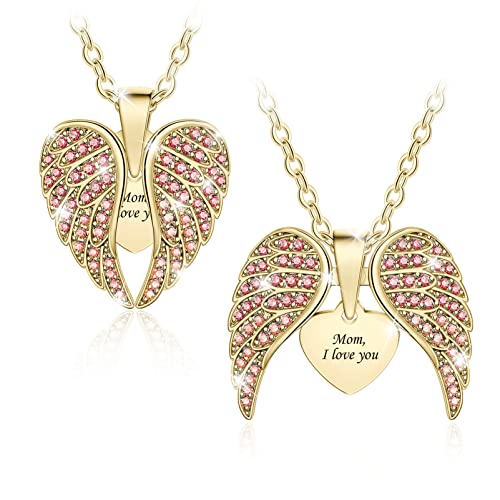 Bauma Auto Angel Wing Necklaces For Women Personalized Engraved Heart Locket Necklace With Cubic Zirconia Angel Wing Heart Pendant Necklace For Mother Daughter Girls (Angel Wing Purple Red Cz) #TOP1