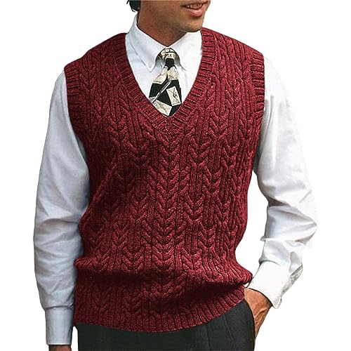 Sweaters for Men V-Neck Casual Knitted Vest Cozy Warm Solid Pullover Fall Loose Sleeveless Knitwear Cable Sweater