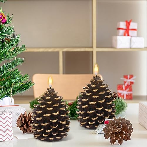 Image of Wondise Flameless Candles with Timer, Battery Operated Flickering 3D Wick Real Wax Pine Cone Candles for Christmas Indoor Decoration, Set of 2, Brown(D3.5 x H6 Inch)