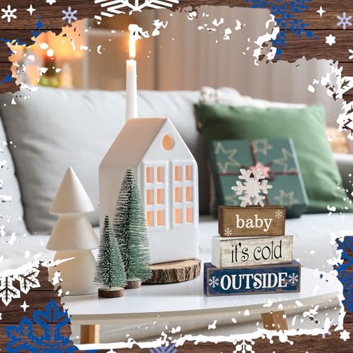 Image of Moucuny 4 Pcs Christmas Table Decoration Winter Wooden Stacked Block, Baby It's Cold Outside Signs with Snowflake Topper, Rustic Christmas Tiered Tray Decor Snowflake Decor for Home Office Shelf