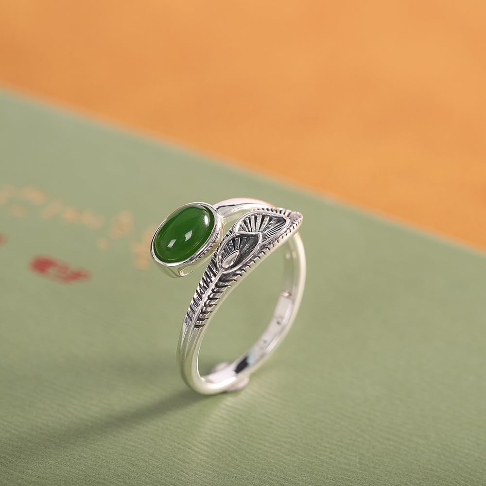 Feather Ring, Vintage 925 Sterling Silver Green Jade Open Adjustable Rings for Women Size 6 to 8.5