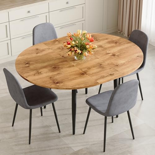 Image of FURNITO Wood Dining Table Set for 4, 42 inch-54 inch Round to Oval Extendable Table with 4 Linen Fabric Chairs, Space-Saving Contemporary Dining Room Set for Small Apartments or Kitchens, Easy Assembly