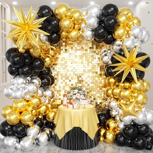 EICUECUE Black and Gold Silver Balloons Garland Arch Kit - Different Size Balloons Black Metallic Gold Metallic Silver Balloon for Graduation Birthday Anniversary New Years Theme Party Decorations