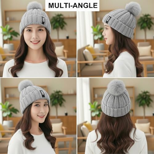 Image of Kraptick Women's Winter Cap - Knit Beanie with Soft Fleece Lining Hat, Stylish Pom Pom Thick Woollen Skull Cap, Warm Hat for Ladies & Girls -3