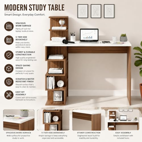 Image of FURNEASER Edward Modern Engineered Wood Study Table with Side Bookshelf Storage | Space-Saving Computer & Laptop Gaming Desk for Home Office | Wooden Writing Desk (Exotic Teak & White)