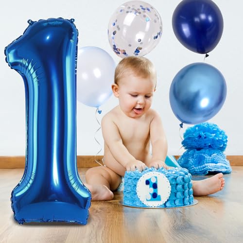Image of Dark Blue Number 1 Balloon 40 Inch, Large Balloon 1 with Metallic Light Navy Blue Silver Confetti Balloon, Self Inflating Helium Foil One Balloons for Boys 1st Birthday Party Baby Shower Decorations