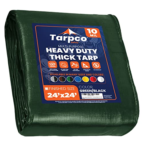 Image of Heavy Duty 10 Mil Tarp Cover, Waterproof, UV Resistant, Rip and Tear Proof, Poly Tarpaulin with Reinforced Edges for Camping, Roof, Patio, Pool, Boat. (Green /Black 24′ X 24′)