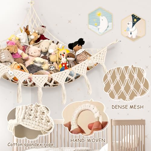 Lunriwis Kuscheltier Aufbewahrung Netz, Boho Makramee stofftier Spielzeug Lagerung hängende Tasche, Aufbewahrung Kuscheltiere Lagerung Netz Spielzeugaufbewahrung kinderzimmer Weiß