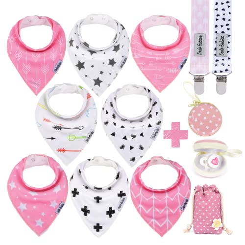 Dodo Babies Bandana Drool Bib Set - Eight 100% Cotton Bibs with Soft Polyester Lining, 2 Pacifier Clips, Binky Case, Pink Gift Bag for Baby Girl or Boy Shower - Adjustable Snap Fit for 3-24 Months