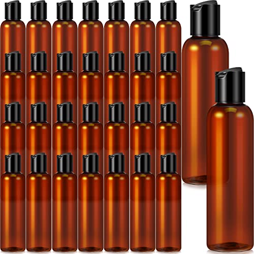 30 Pack Amber Empty Bottles Plastic Squeeze Bottles with Disc Top Flip Cap Small Empty Travel Squeeze Bottle for Lotions Liquid Body Soap Conditioner Creams(6.8 oz)