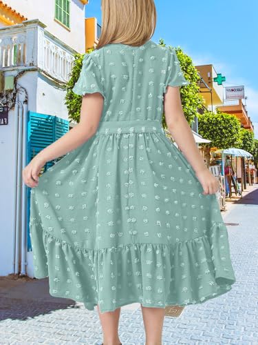 Girls Bohemian Dresses Casual V Neck Ruffle Cap Short Sleeve Swiss Dot A-Line Belt Pleated Hem Maxi Long Sun Flowy Dress4