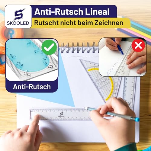 Das AntiRutsch Lineal und Geodreieck 3 in 1 Set rutschfestes Set zum sicheren und einfachen Zeichnen und Messen