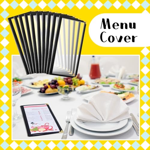 Image of Ziliny 10 Pcs 4.5 x 11 in Transparent Restaurant Menu Covers, Clear Covers | With Metal Corners, Clear PVC Sleeves, Black Folder Menu Book, 2 Page 4 View, For Wine Drinks Coffee Bars Restaurant