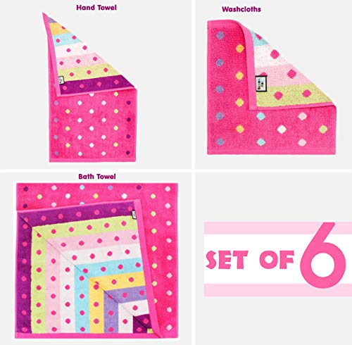 Image of ORIGINAL KIDS 6 Piece Towel Set - Bath Time Sugar & Spice - 2 Towels, 2 Hand Towels, 2 Washcloths - 100% Cotton Jacquard Soft Absorbent Pool Beach Towel Gift - Pink Multicolor