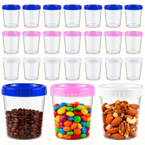 HHXUUAN 24 recipientes pequeños de plástico para alimentos con tapas herméticas, tarros redondos de 120 ml para almacenamiento de alimentos para congelador y microondas, macetas apilables para salsa,