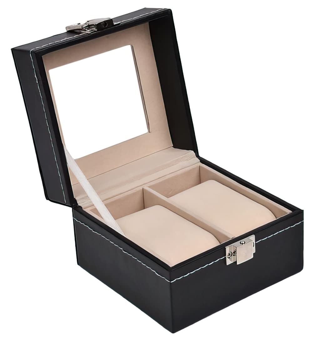 Watch Case Watch Display Case for 2 Watches Leather Look Real Glass Window, 2 watches, 2 Uhren, Elegant