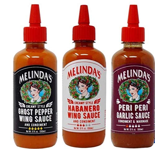 Melinda'sHot Sauce Condiment 3 Flavor Variety Pack - (1) each: Creamy Ghost Pepper, Creamy Habanero, Peri Peri Garlic (12 Ounces)