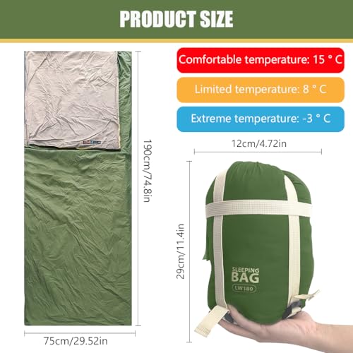 Image of Proberos Ultralight Cotton Sleeping Bag for Adults -3C to 15C (650g), Portable Thermal Sleeping Bag for Camping, Hiking, Trekking & Travel, Outdoor Adventure Gear (Green)