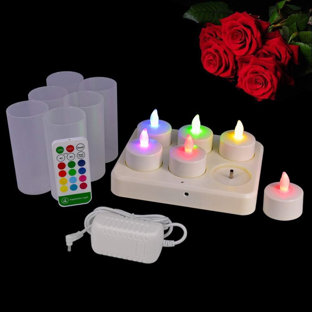 Nеw Arrіvаlѕ HL Flameless Rechargeable Tealights, Flickering Led Candle Light, 42±3 Hours Multi-Color Lasting with Remote for Centerpiece Night Clubs Spas Wedding Party Decorations (RGB, 6 Pack)