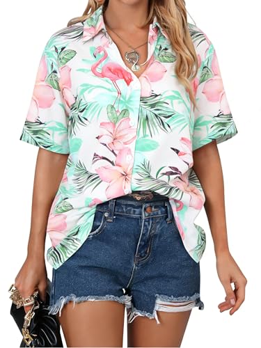 Image of ASTANFY Hawaiian Shirt Women Hawaii T-Shirt Tropical Floral Printed V Neck Shirts Soft Cool Summer Beach Button Up Blouse