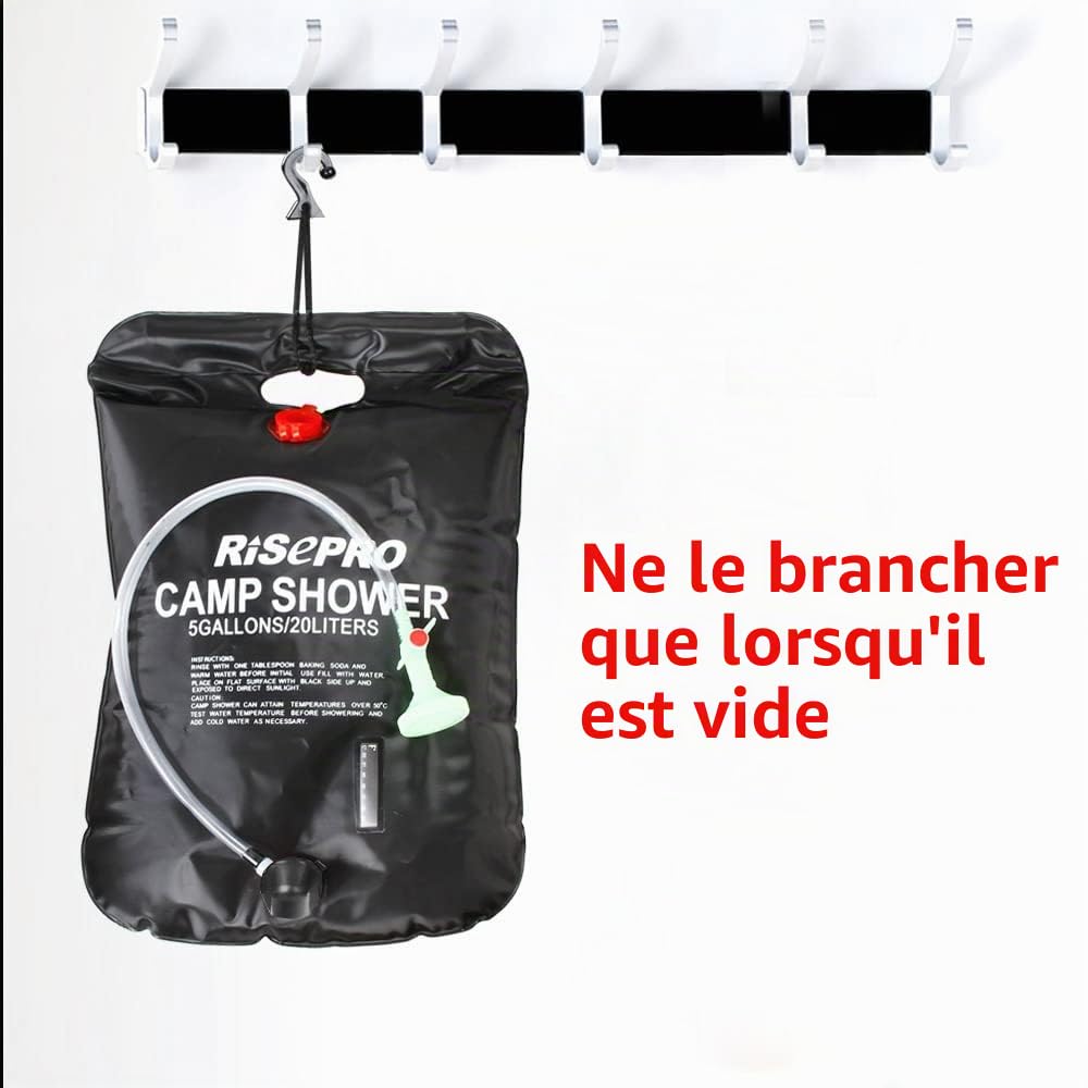 Sac de douche solaire, 20 litres, camping, température 45 °C, randonnée, escalade