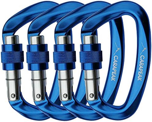 CARAPEAK 25kN Heavy Duty Screwgate Locking Rock Climbing Carabiner Set, 4 Pack Snag-Free D Shaped Screw Lock Carabiner, Strong Aluminum Lockable Clip Blue