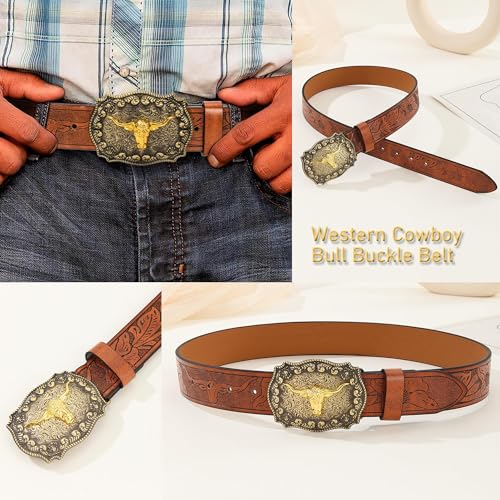 Bawnhaw Western Cowboy-Belts for Men Big-Buckle Longhorn-Bull PU-Leather Rodeo Cowgirl-Belt Engraved Floral - Waist 25-38"
