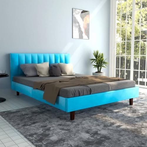 Image of Wooden Modern Upholstered Queen Size Bed for Bedroom | Wooden Double Bed Without Storage | Platform Cot Upholstered Bed with Upholstery Fabric | Engineered Wood | 6.5 x 5 Ft | Velvet Blue