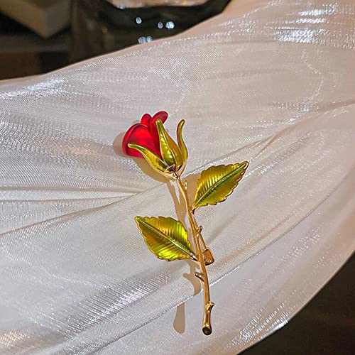Image of Anmpab Rhinestone Rose Flower Brooch Pin for Women Red Green Crystal Big Leaf Brooch Lapel Pins Elegant Dress Accessories Jewelry Boutonniere Corsage for Hat Bag Suit Tie Valentine Wedding Mother Day