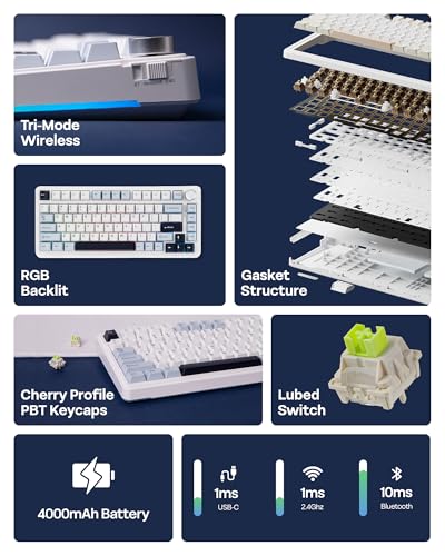 Image of EPOMAKER EA75 75% RGB Gaming Mechanical Keyboard, 2.4GHz /Type-C /BT Creamy Wireless Keyboard with Knob, Shine Through PBT Keycaps, Hot Swappable for Gamers (Light Blue, Graywood V3 Switch)