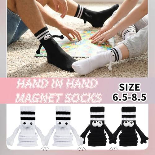 scenicamp 4 Pairs Magnetic Holding Hands Socks Novelty Striped Crew Socks Funny Hand in Hands Sock Gift for Teenagers, Couples, Friends, black,white — view 5