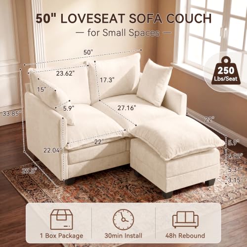 Image of 50 inch Loveseat Sofa with Ottoman, Cloud 2-Layer Cushion & 27 inch Deep Seat, Modern Love Seat Small Couch with 2 Washable Pillows for Small Spaces, Bedroom, Apartment, Office, Living Room, in a Box, Beige