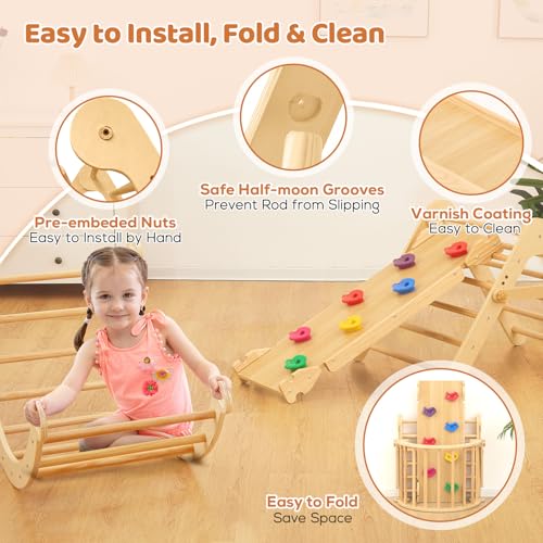 Image of FUNLIO Foldable Pikler Triangle Set, Montessori Climbing Set with Solid Wood for Toddlers 2-5 yrs, Adjustable 5-in-1 Indoor Play Gym with Arch /Slide /Climbing Rock /Triangle, Easy to Install-Small Size