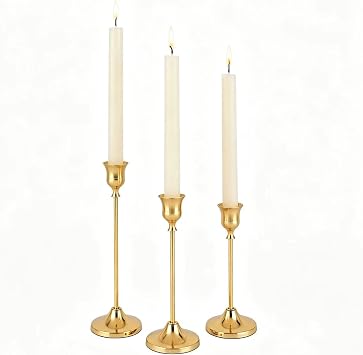 Gold Candlestick Holders 1 Set(3 Pcs)- Brushed Metal Taper Candle Holders with Anti-Slip Base, Vintage Brass Candle Stick Holder for Wedding Centerpieces, Dining Table, Fireplace & Mantel Dec