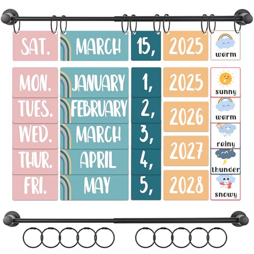 Elfcool Flip Calendar for Classroom Calendar Bulletin Board Set with Adjustable Magnetic Rod & 60 Date Cards for School Classroom Decor Supplies (Rainbow)