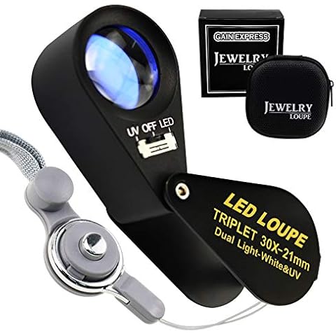 GAIN EXPRESS 30x Magnification Jewelry Gem Loupe with UV & 6 LED Light, 21mm Optical Glass Triplet Magnifiers Lens Portable Handheld Magnifying Tool Cover