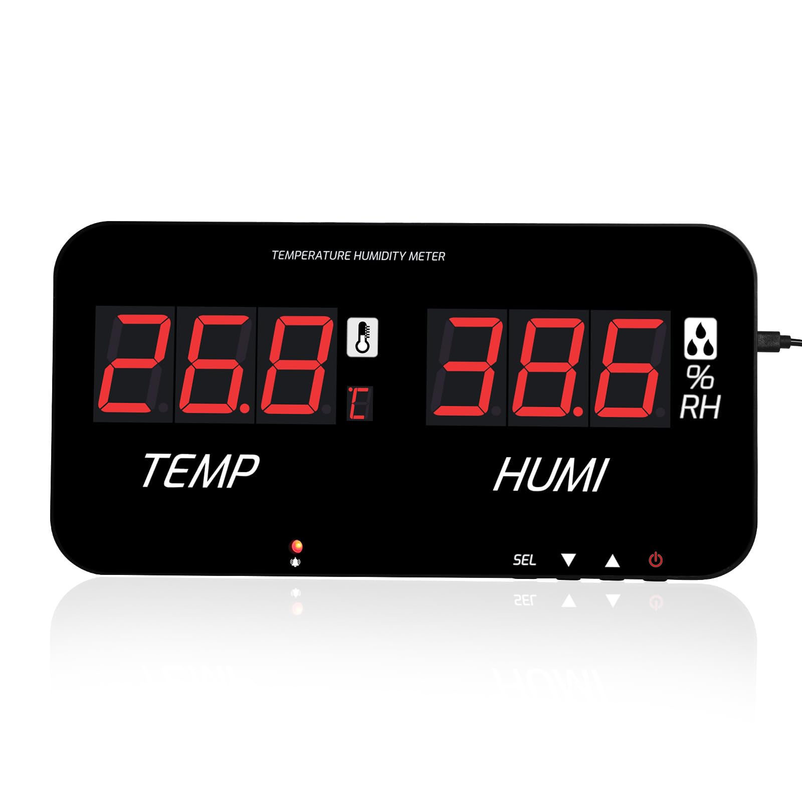 Termómetro higrómetro digital con pantalla LED grande, monitorea temperatura y humedad interiores, alarmas sonoras y visuales ajustables, sonda integrada, USB-C, montaje en pared o en mesa. en la