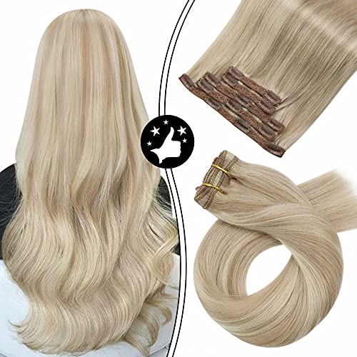 Moresoo Ash Blonde Hair Extensions Clip in Real Hair Extensions 10inch Ash Blonde Mixed Human Hair Extensions Blonde Highligted 5Pieces/70Grams Clip in Human Hair Extensions