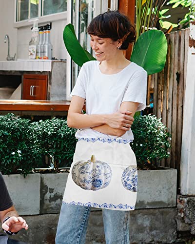 Risqiten Thanksgiving Fall Waitress Apron For Women/Men With 3 Pockets, Pumpkin Blue And White Porcelain Server Aprons Waterproof Kitchen Cooking Half Waist Apron #TOP3