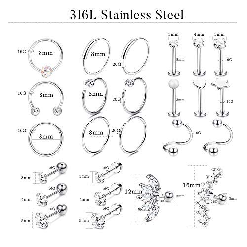 LOYALLOOK 25Pcs Cartilage Earrings Hoop Studs for Women 16-20G Labret Flat Ball Back Earrings Daith Tragus Helix Earrings3