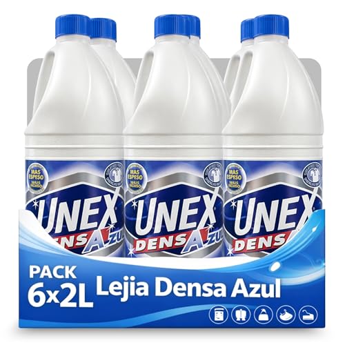 Lejía Densa Azul, ideal para blanquear y desodorizar ropa y superficies del hogar como suelos, azulejos, baños y cocinas, evitando salpicaduras y desinfectando a fondo, Contiene 6 unidades de 2 Litros
