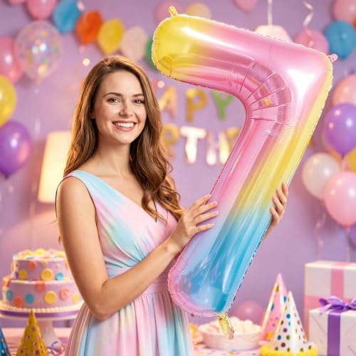 Image of Rainbow Number Balloons Birthday Balloons - Giant Number 7 Balloon 40 inch, Numbers Balloon Birthday Decorations, Rainbow Party Supplies for Baby Shower