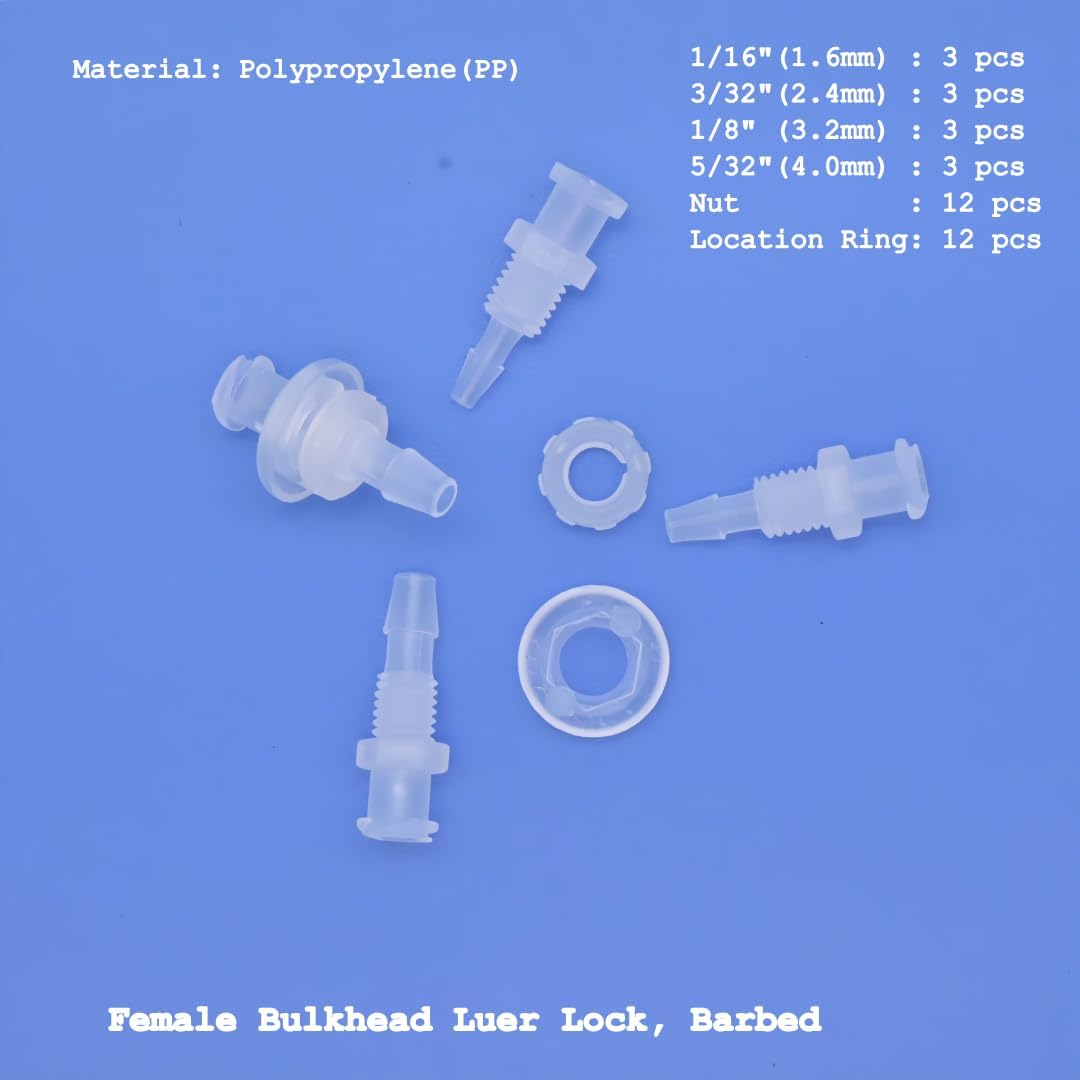 Hynec Polypropylene (PP) Female Bulkhead Luer Lock to Hose Barb Connector Sample Kit, 36-Pack, 1/4-28 UNF, Heat-Resistant & Chemically Inert for Medical/Lab/Food Processing/Chemical