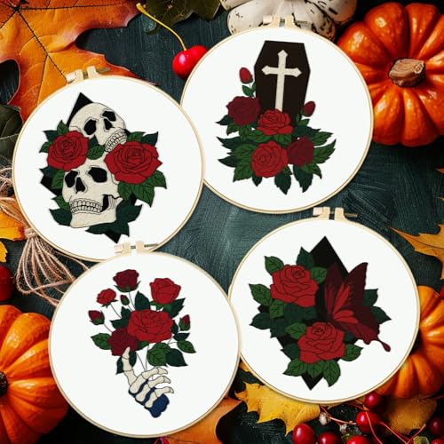 Image of BEUNITONE 4 Set Skull Embroidery kit for Beginners Flower Starter Kits Halloween Skull with Flowers DIY Needlepoint Kit for Adults with Instruction Rose Skull Handmade Embroidery Kits for Gifts
